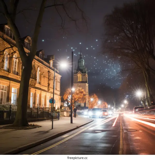 A long exposure photo of a city street at night with a man walking in the foreground