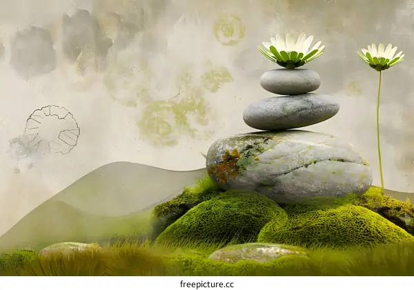 Stack of Stones with Flowers on Top, Green Grass, and Background