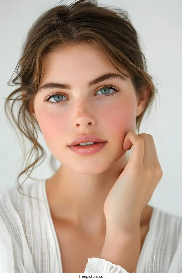 Beautiful Young Woman with Freckles and Blue Eyes