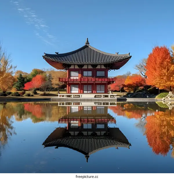 A pavilion in a park with a reflection in the water