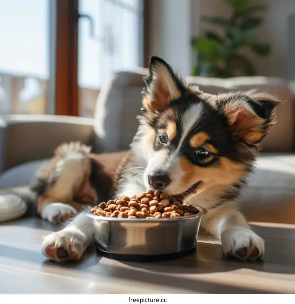 A Cute Puppy Eating Dry Kibble from a Bowl
