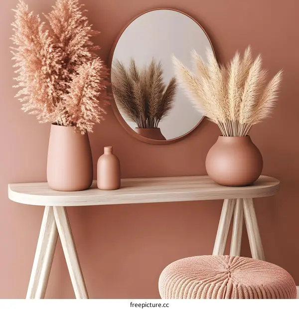 Minimalist Home Decor with Dried Flowers and a Round Mirror