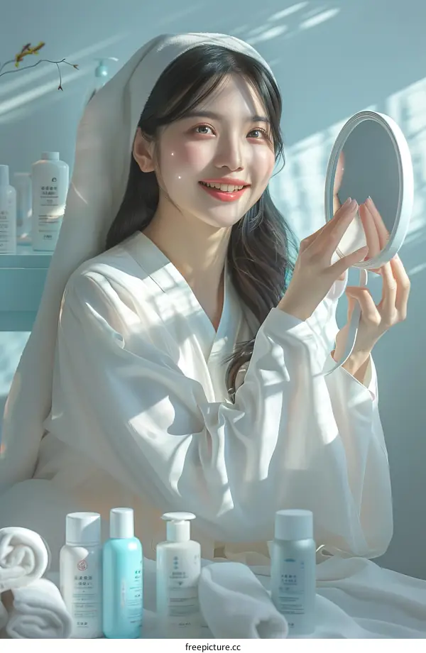 A young woman of Asian ethnicity is smiling while looking in a mirror