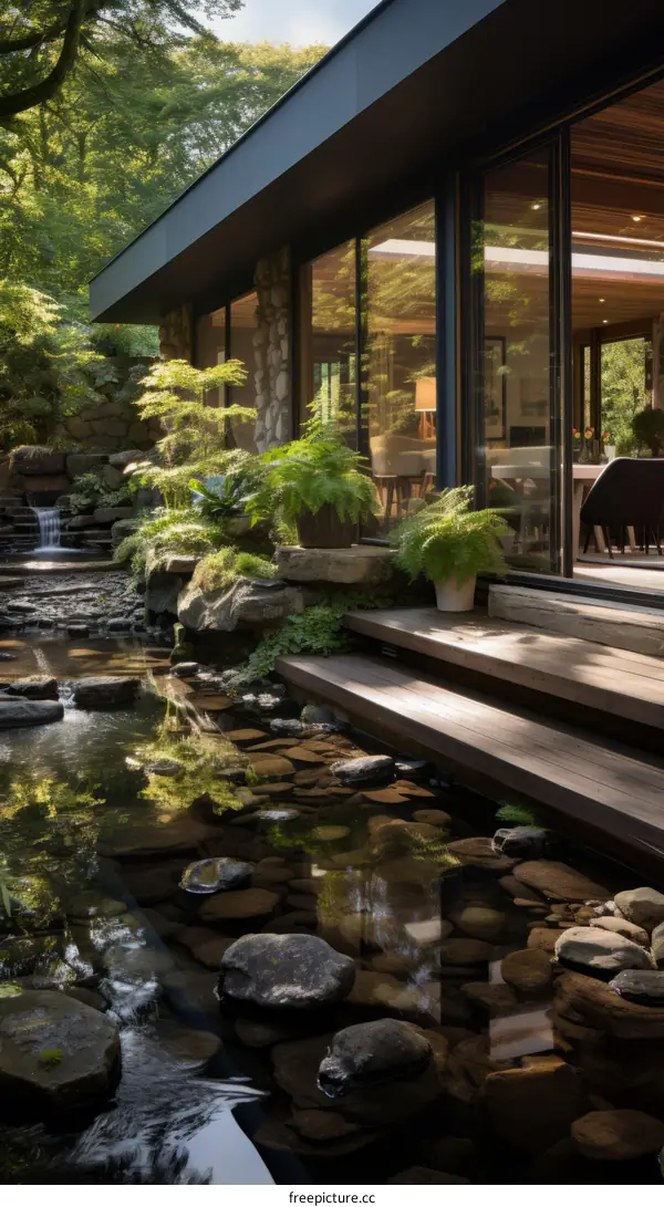 Modern House With Large Glass Windows Overlooking a Peaceful Stream