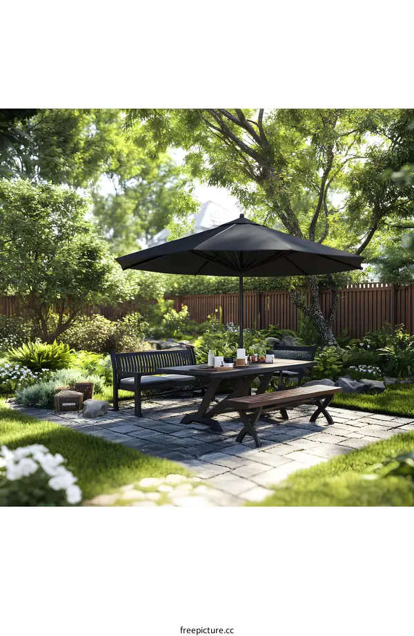 Outdoor Patio Dining Table and Chairs under Umbrella