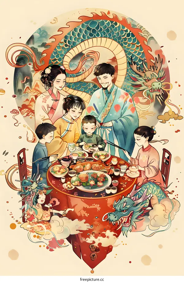 Chinese Family Reunion Dinner With Dragon Illustration