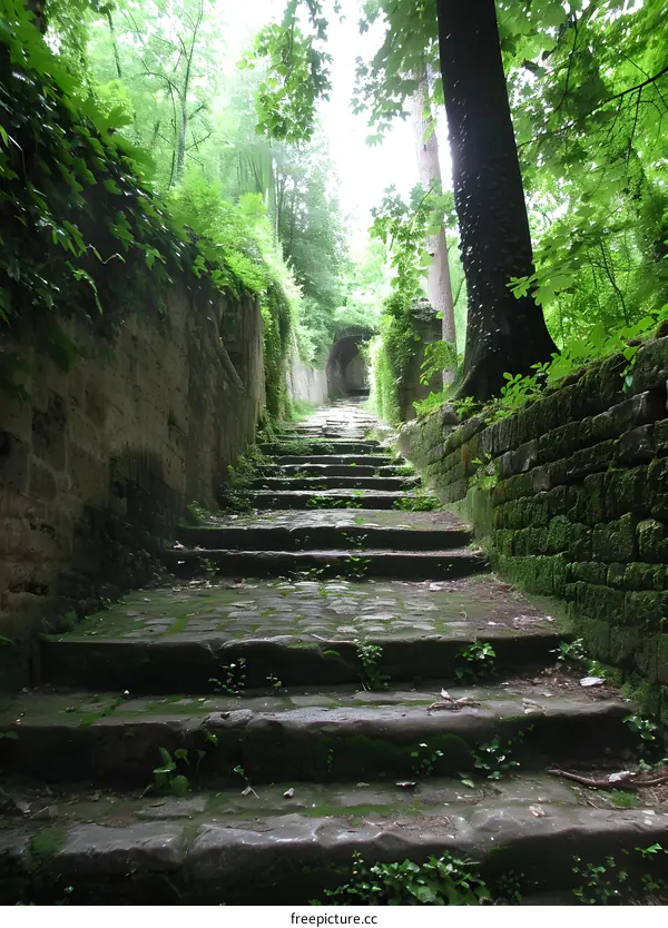Stone steps in a lush green forest