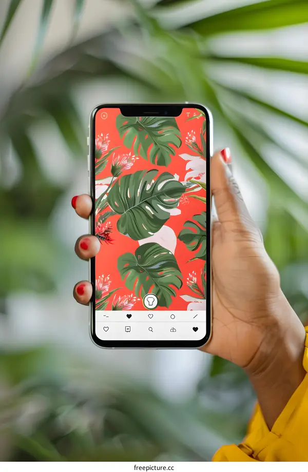 Hand Holding Smartphone With Tropical Leaves Illustration