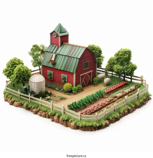 Isometric illustration of a farm with a red barn