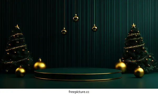 Christmas Scene with Green Background and Gold Ornaments