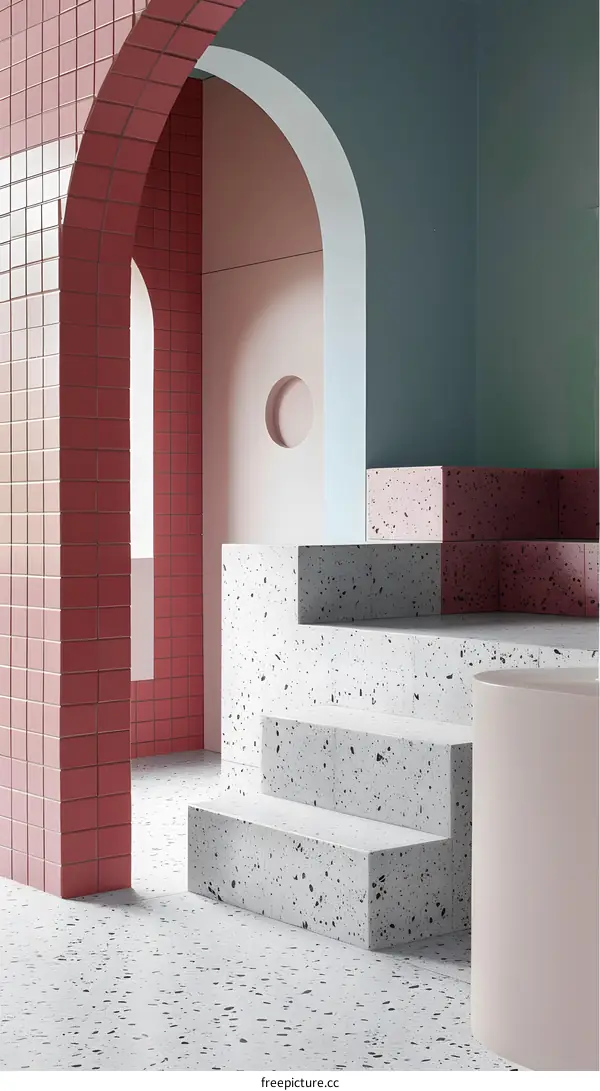 Modern Minimalist Interior Design with Pink and Green Walls and Terrazzo Flooring