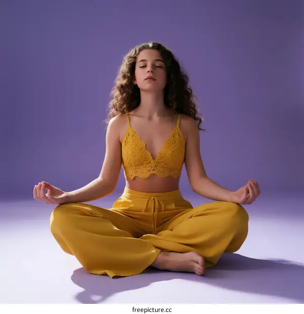 Young woman in yellow clothing practicing yoga meditation