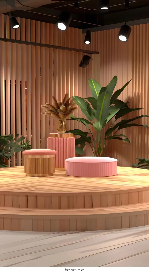 Pink Stools and Wooden Platform in Minimalist Interior Design