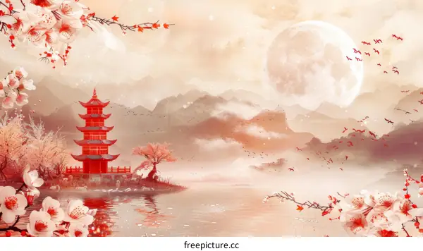 Panoramic View of Ancient Chinese Pagoda by Still Lake and Cherry Blossom Trees