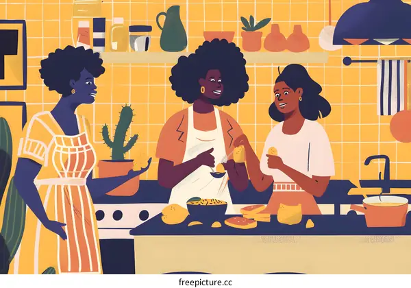 Three Black Women Cooking Together In Kitchen