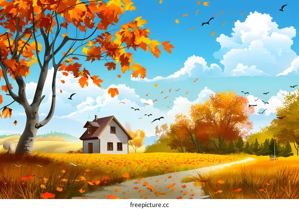 Autumn Landscape with House, Trees and Birds