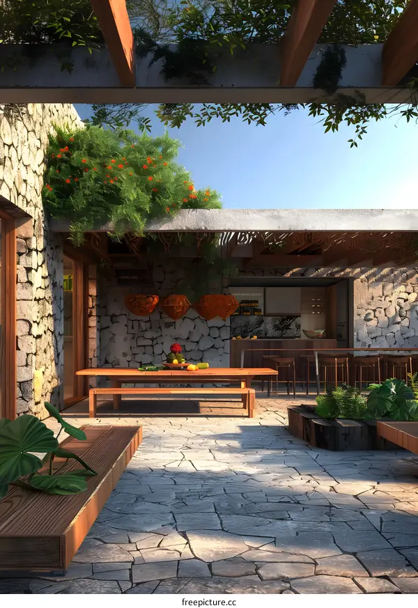 Stone Patio Design with Wooden Table and Benches