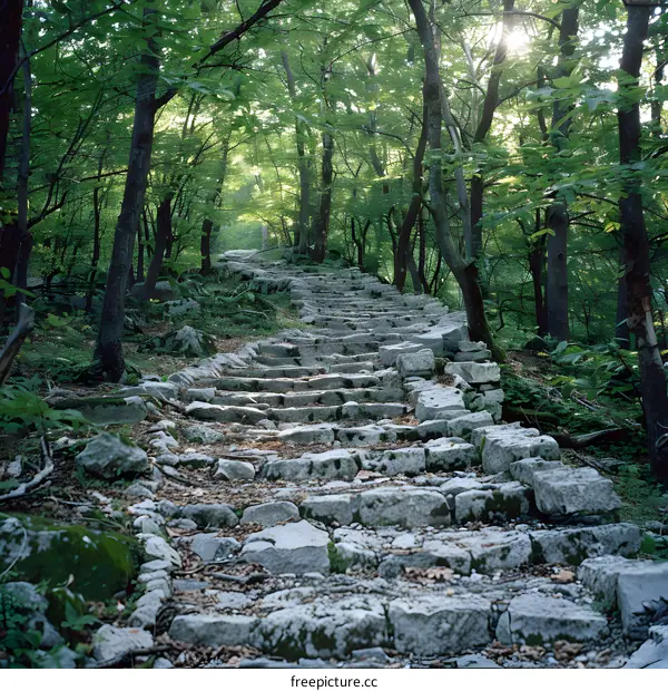 Stone path through the green forest