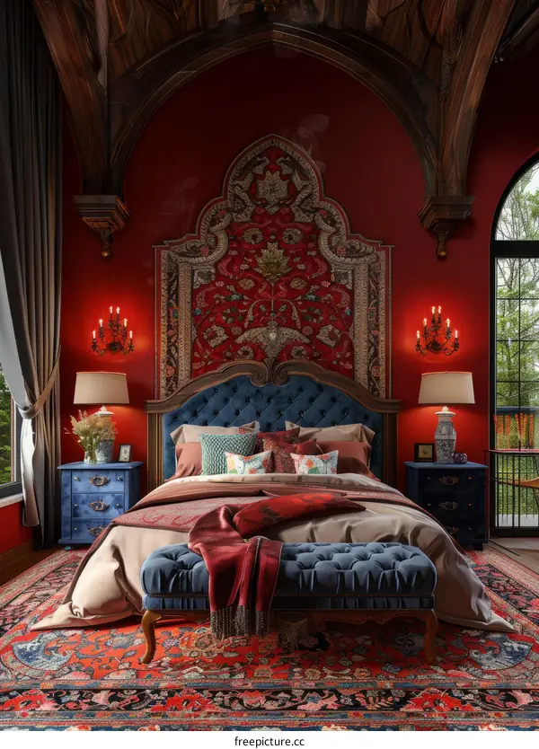 Vintage Red Bedroom Interior Design Illustration