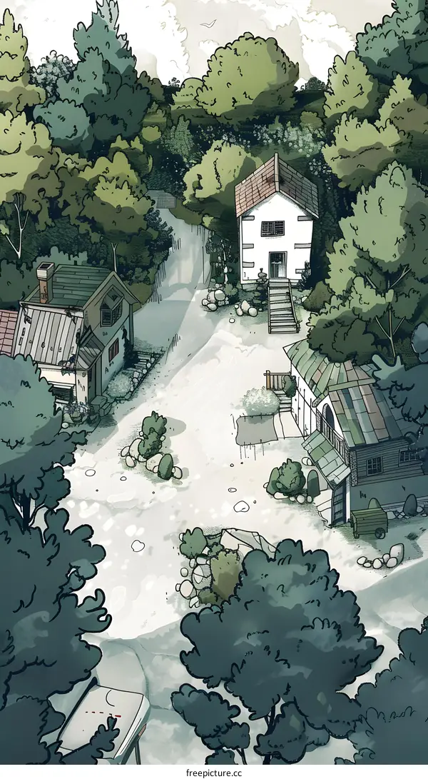 Aerial View of Houses and Trees in a Forest