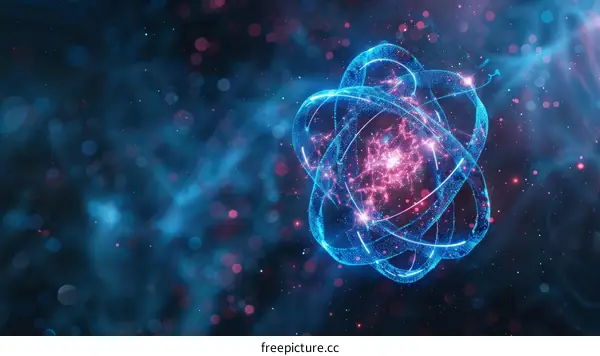 Blue and pink glowing atom structure with electrons