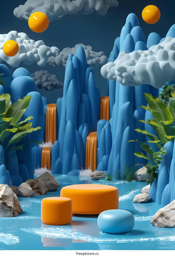 Blue and orange podiums in surreal landscape with waterfalls