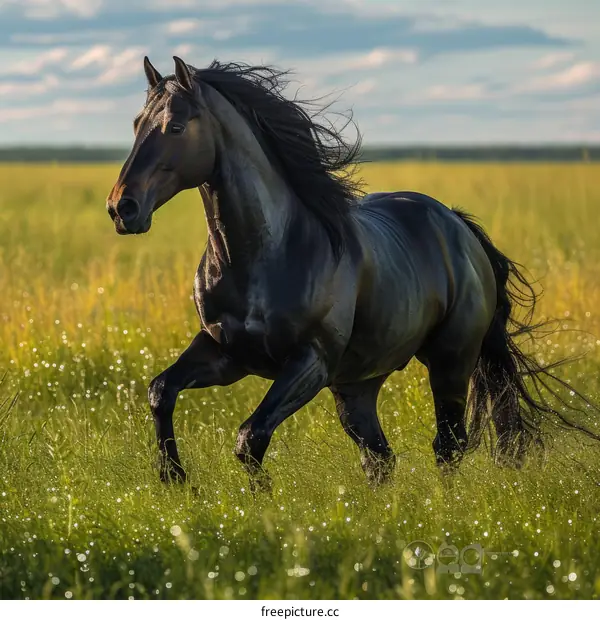 A beautiful black horse is running in the green field