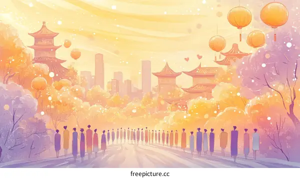 A Peaceful Procession in a Pastel-Colored Cityscape