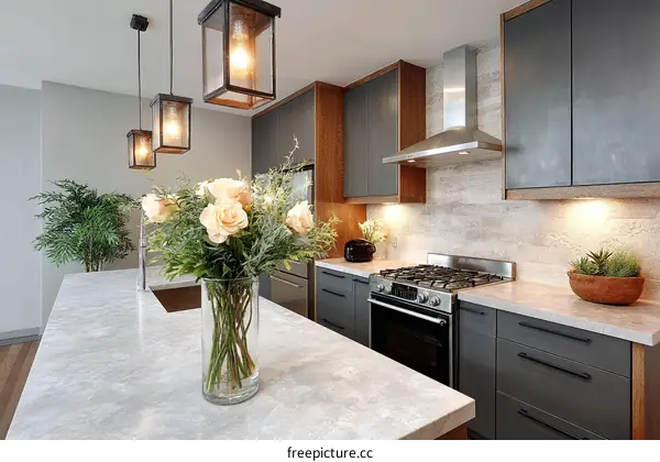 Modern Kitchen Interior with Pendant Lights and Flowers