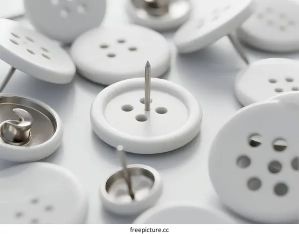 A Close-up of White Sewing Buttons with Pins on White Background