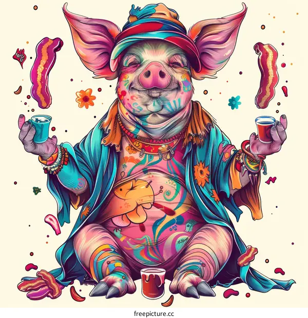 A psychedelic pig wearing a hat and sunglasses is meditating in a lotus position.