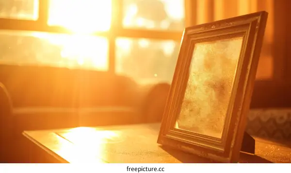 Empty picture frame in warm sunlight on a table
