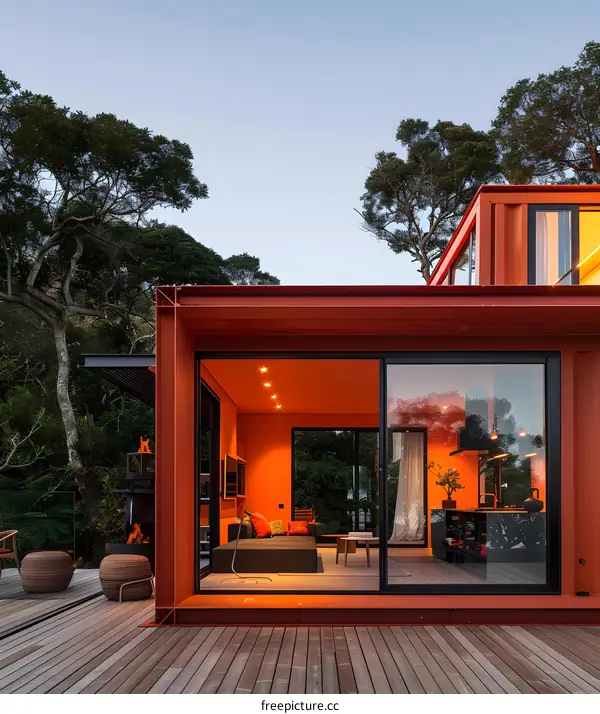 Modern Orange Container Home With Wooden Deck