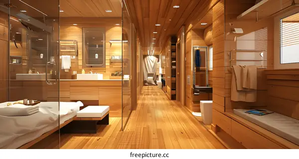 Modern Wooden Bathroom Interior Design with Glass Shower and Wood Paneling