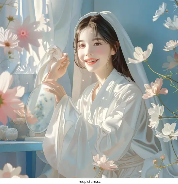 An East Asian woman in a white robe smiles in front of a mirror