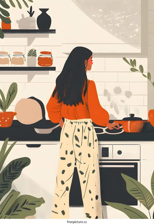 Woman Cooking in a Modern Kitchen Illustration