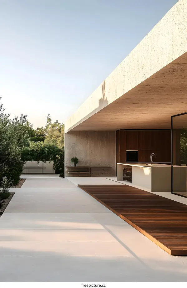 Modern Concrete House With Wooden Deck And Kitchen