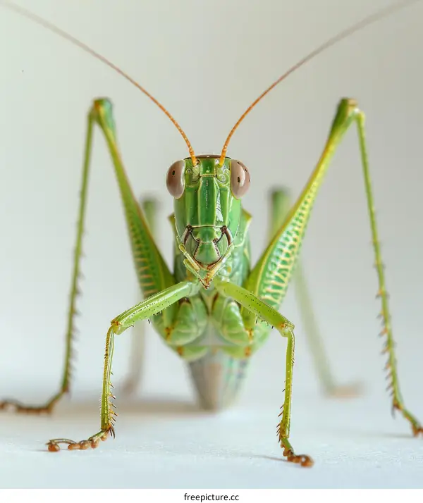 A green katydid perches on a white surface
