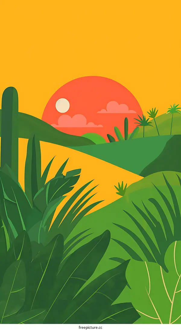 Tropical Sunset Landscape with Green Plants and a Red Sun
