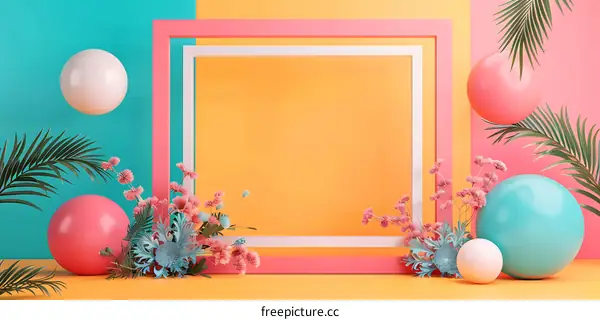 Abstract Colorful 3D Background With Geometric Shapes And Flowers