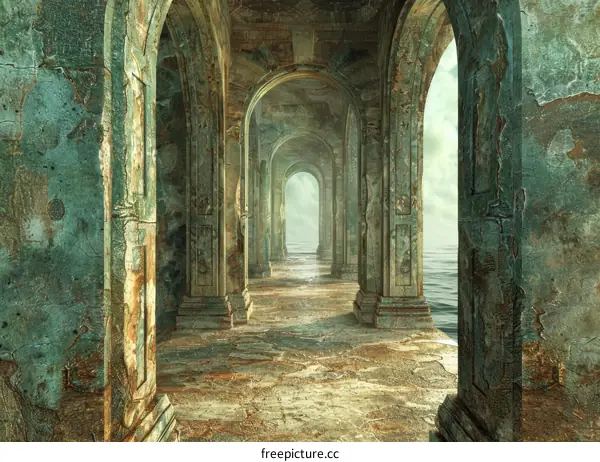 Mystical Stone Corridor with Columns and Arches Leading to Distant Light