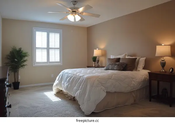 Cozy Bedroom with Bed, Window, and Ceiling Fan