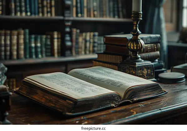 leather-bound book opened on a wooden table in a library