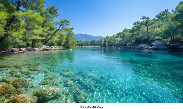 Clear Blue Water and Lush Green Trees in a Secluded Bay