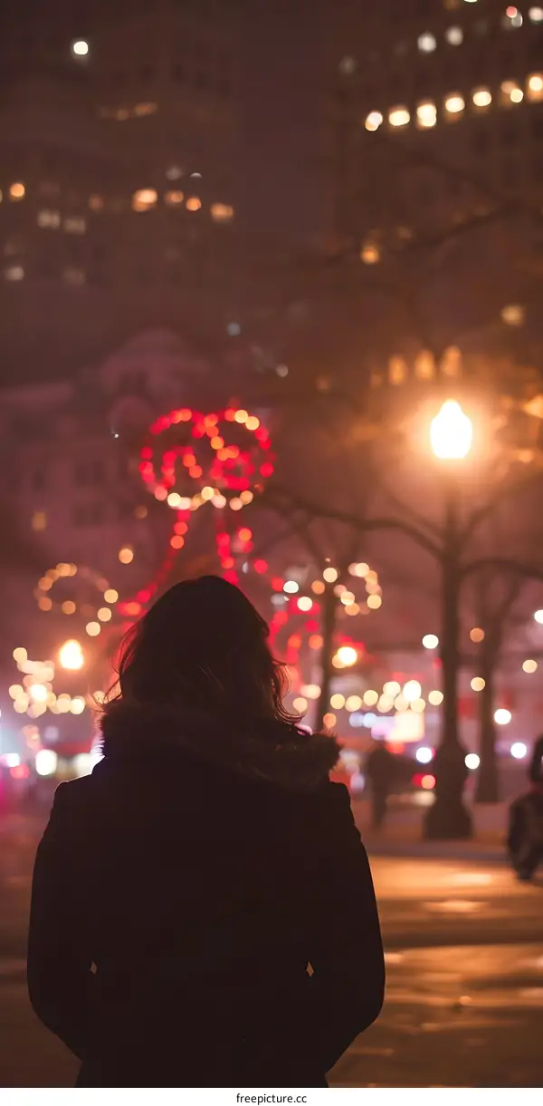 Silhouette of a Woman Standing in Front of City Lights at Night