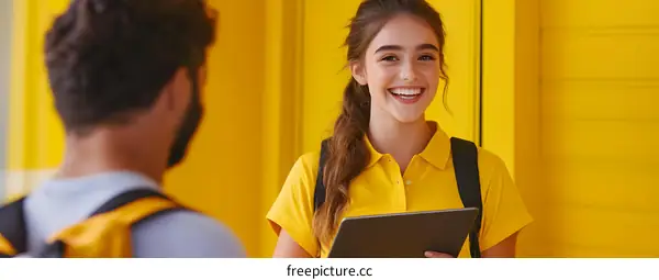 Smiling Woman Holding Tablet Against Yellow Background