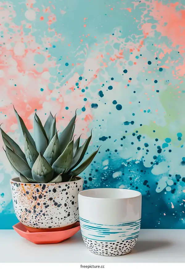 Succulents in Colorful Pots on Abstract Background