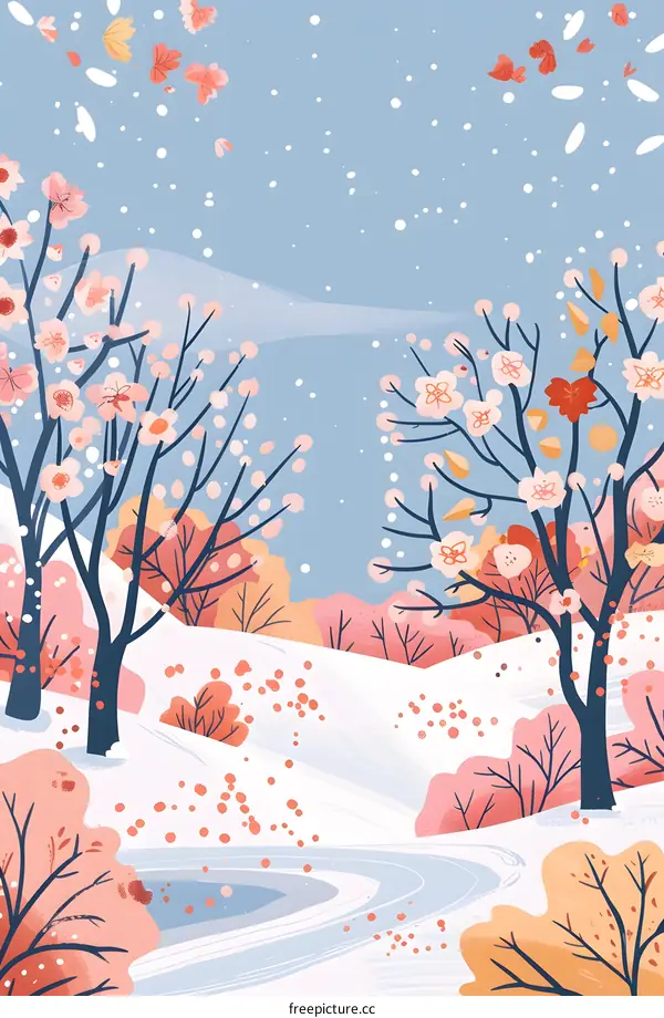 Winter Wonderland Illustration with Pink Flowers and Snow