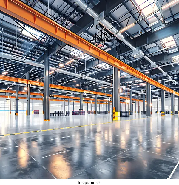 Modern Empty Industrial Building Interior with Large Windows and Beams