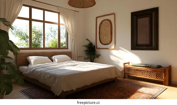 Minimalist Bedroom Interior Design with Wooden Bed and Large Window